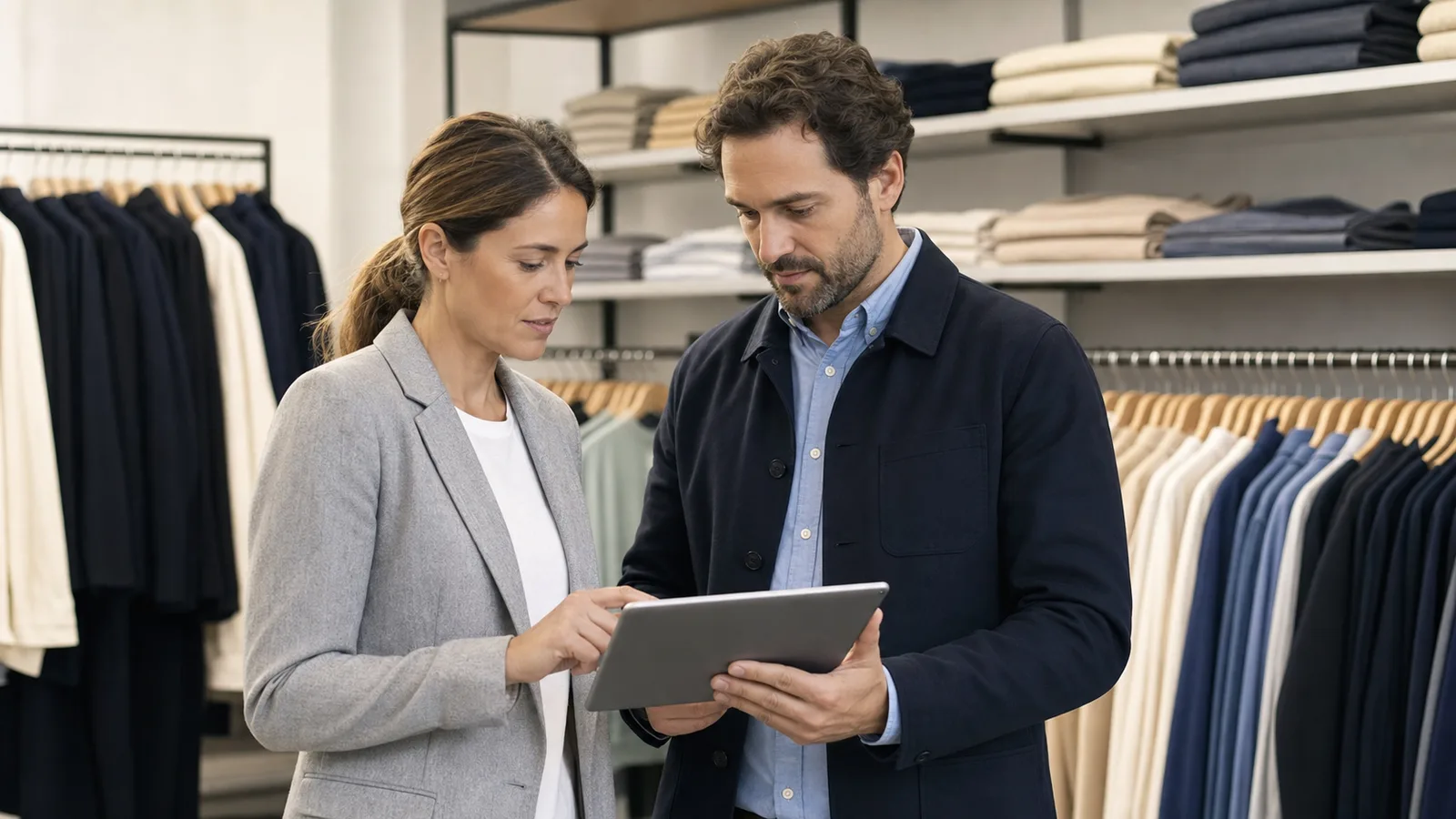 Deux professionnels consultent une tablette dans une réserve textile, sans emballage visible